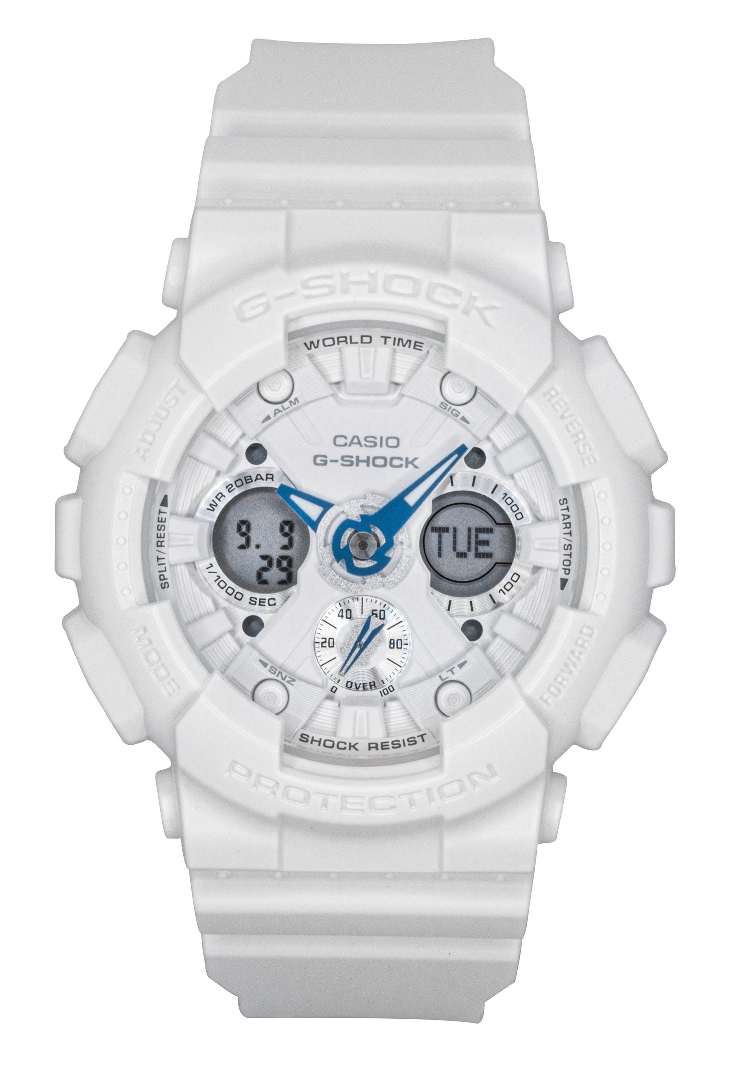 Casio G-Shock Quartz movement White Plastic Female GMA-S120SA-7A2. A brand-new Casio G-Shock watch featuring a White dial and a Plastic strap. Front view.