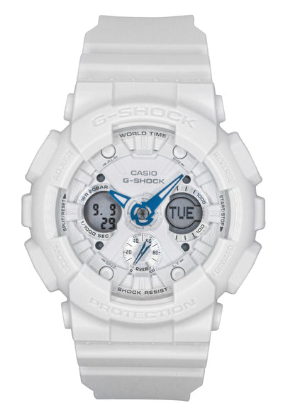 Casio G-Shock Quartz movement White Plastic Female GMA-S120SA-7A2. A brand-new Casio G-Shock watch featuring a White dial and a Plastic strap. Front view.