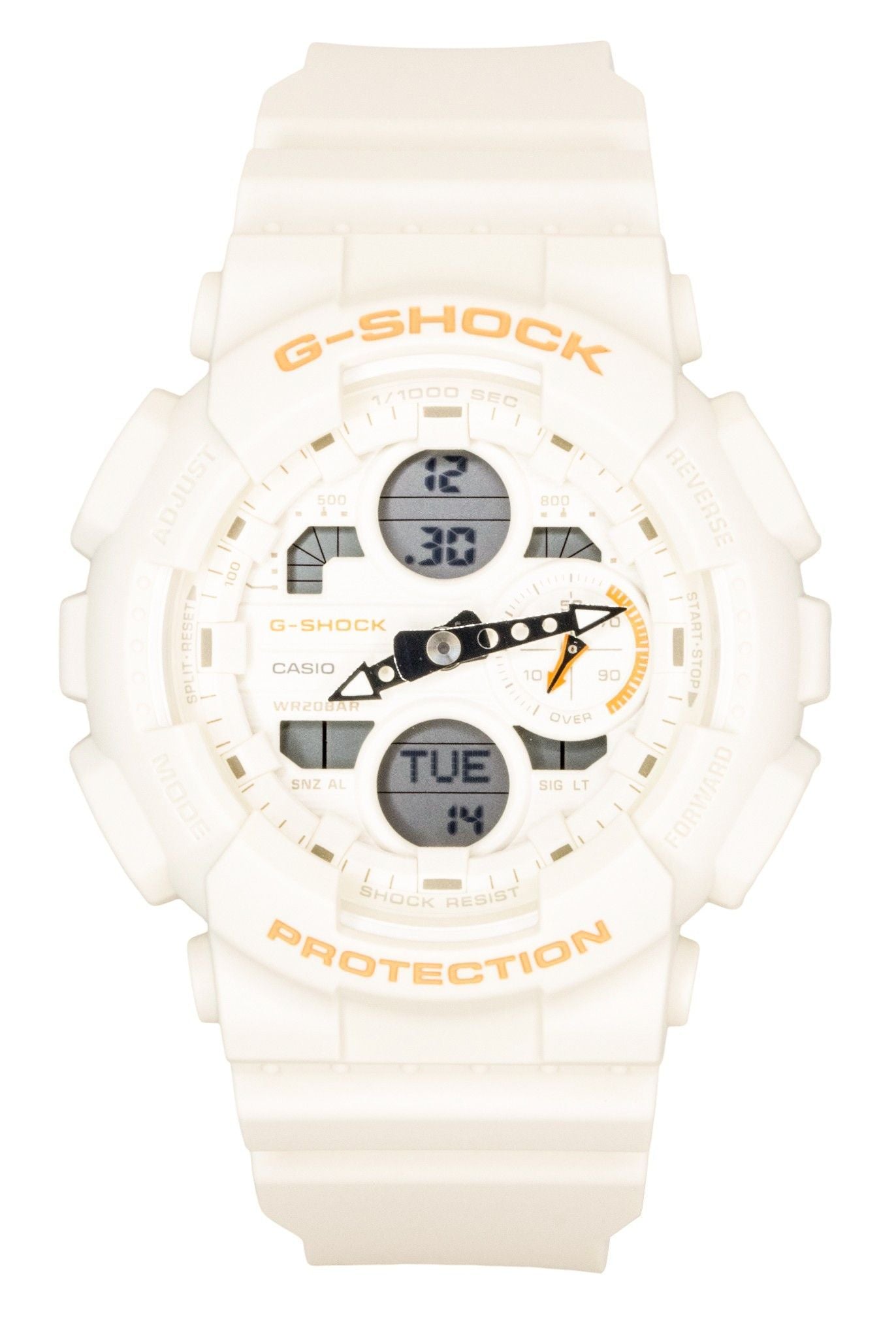Casio G-Shock Quartz movement White Plastic Female GMA-S140-7A. A brand-new Casio G-Shock watch featuring a White dial and a Plastic strap. Angled view.