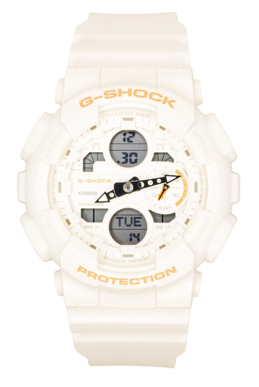 Casio G-Shock Quartz movement White Plastic Female GMA-S140-7A. A brand-new Casio G-Shock watch featuring a White dial and a Plastic strap. Angled view.