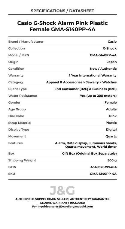 Casio G-Shock Alarm Pink Plastic Female GMA-S140PP-4A - Specifications
