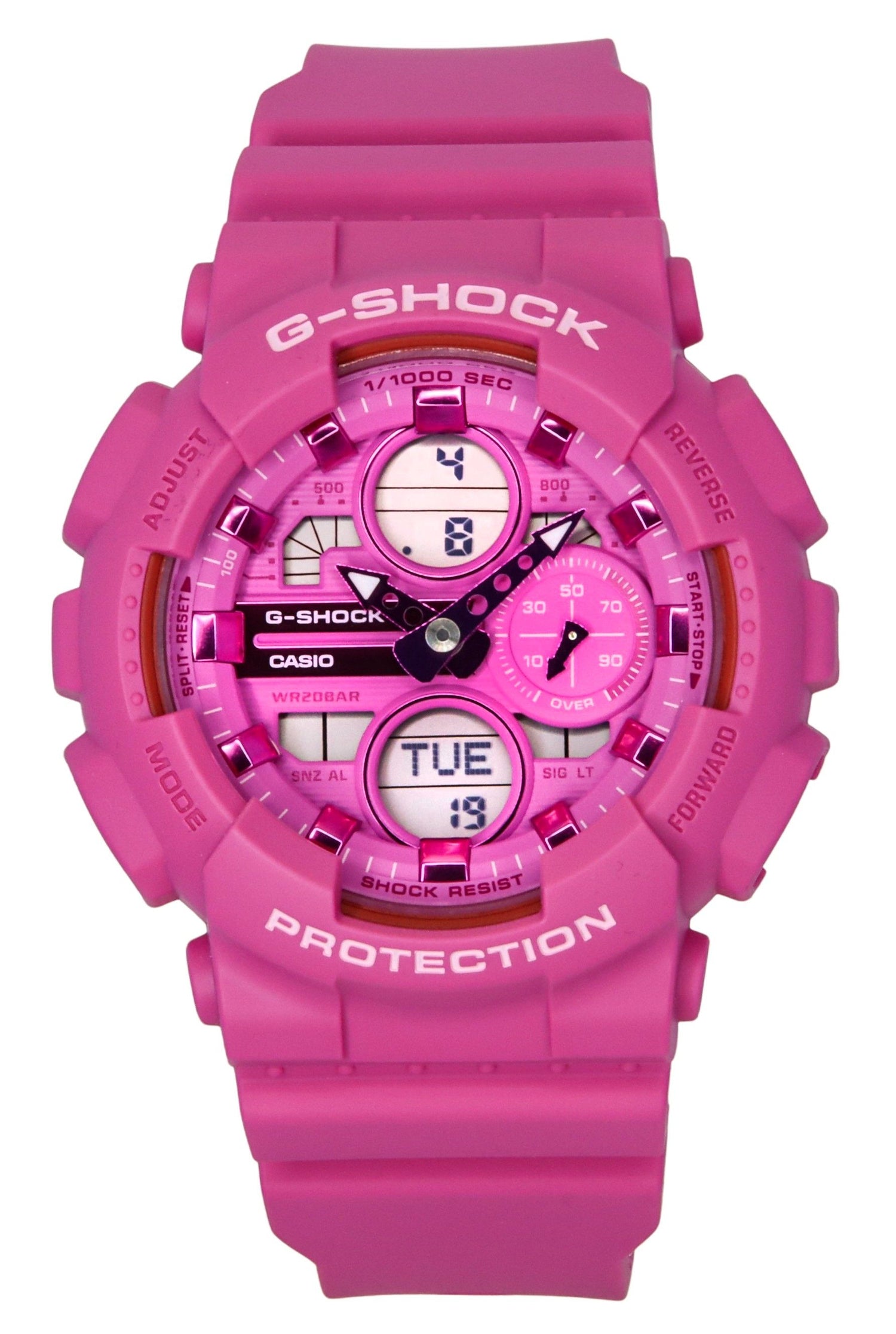 Casio G-Shock Alarm Pink Plastic Female GMA-S140PP-4A. A brand-new Casio G-Shock watch featuring a Pink dial and a Plastic strap. Side view.