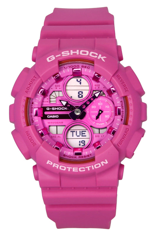 Casio G-Shock Alarm Pink Plastic Female GMA-S140PP-4A. A brand-new Casio G-Shock watch featuring a Pink dial and a Plastic strap. Side view.