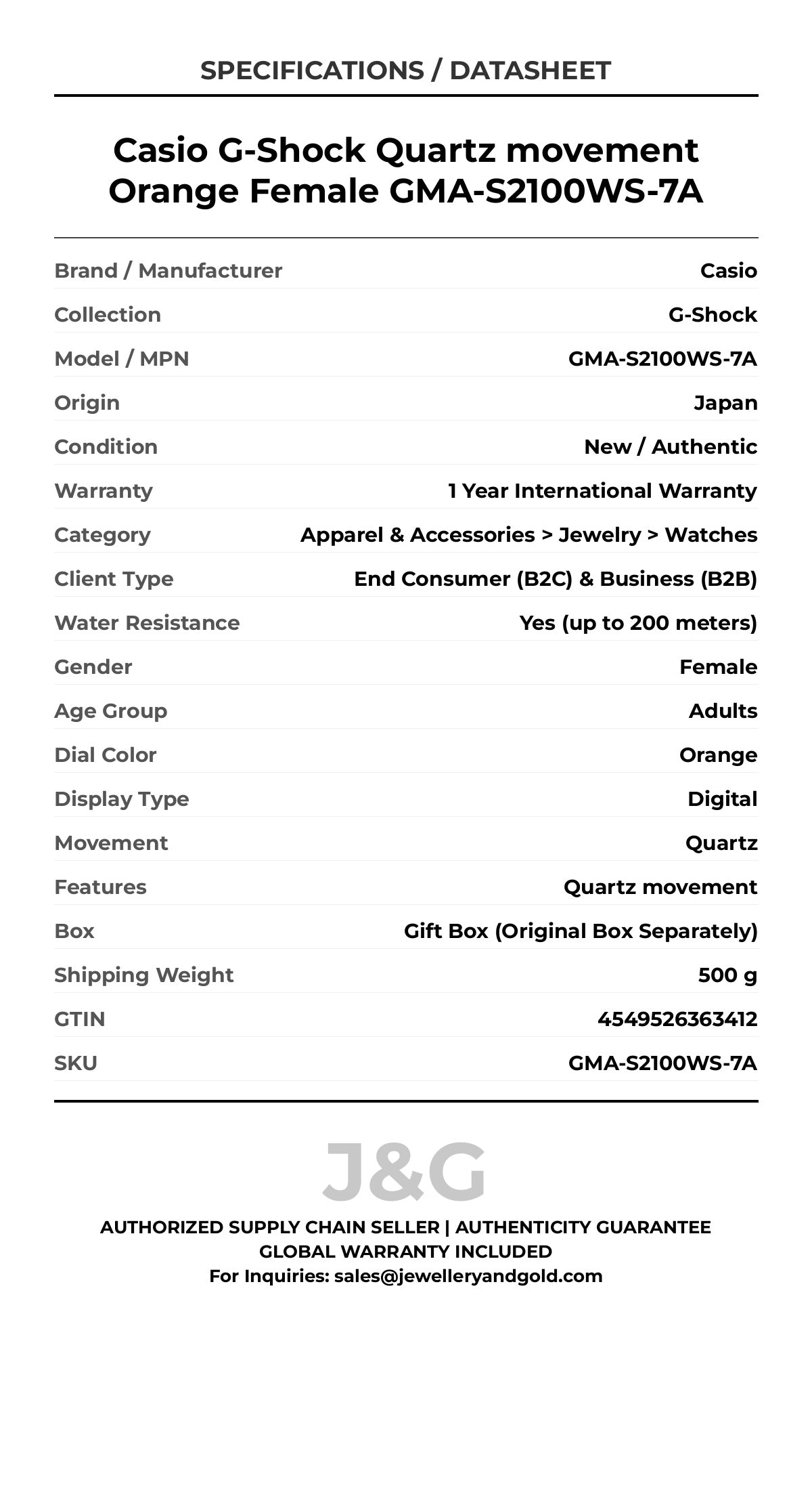 Casio G-Shock Quartz movement Orange Female GMA-S2100WS-7A - Specifications