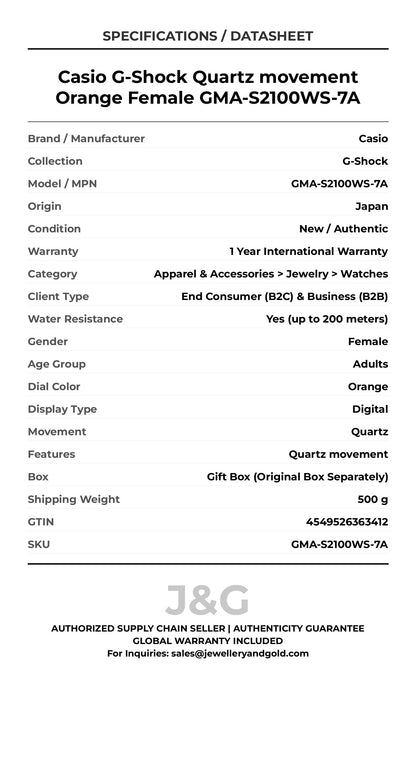 Casio G-Shock Quartz movement Orange Female GMA-S2100WS-7A - Specifications