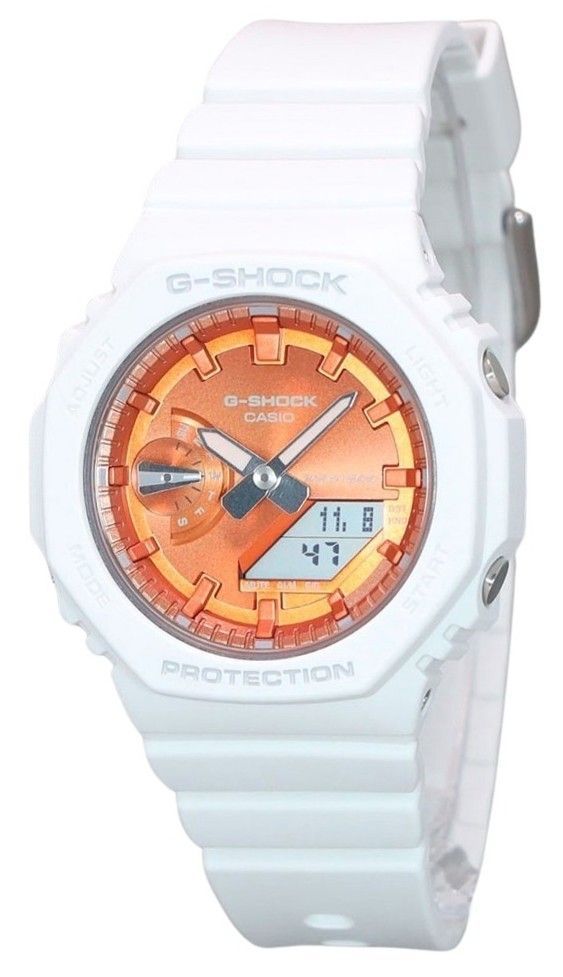 Casio G-Shock Quartz movement Orange Female GMA-S2100WS-7A. A brand-new Casio G-Shock watch featuring a Orange dial. Angled view.