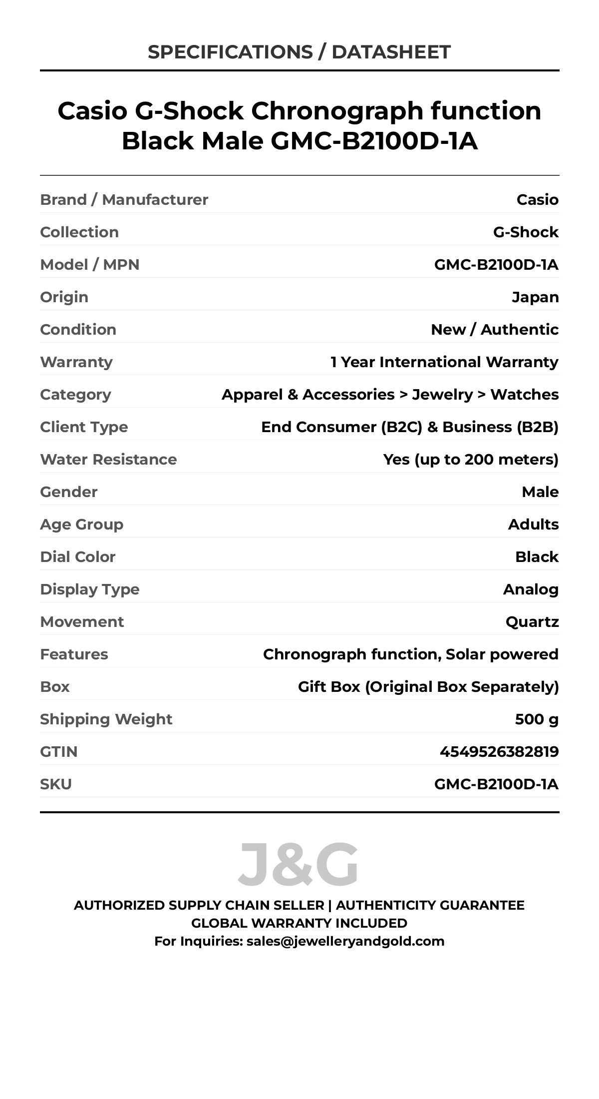 Casio G-Shock Chronograph function Black Male GMC-B2100D-1A - Specifications