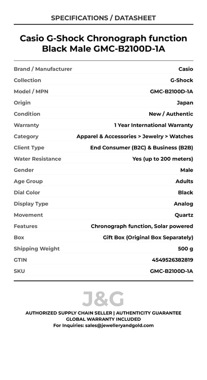 Casio G-Shock Chronograph function Black Male GMC-B2100D-1A - Specifications