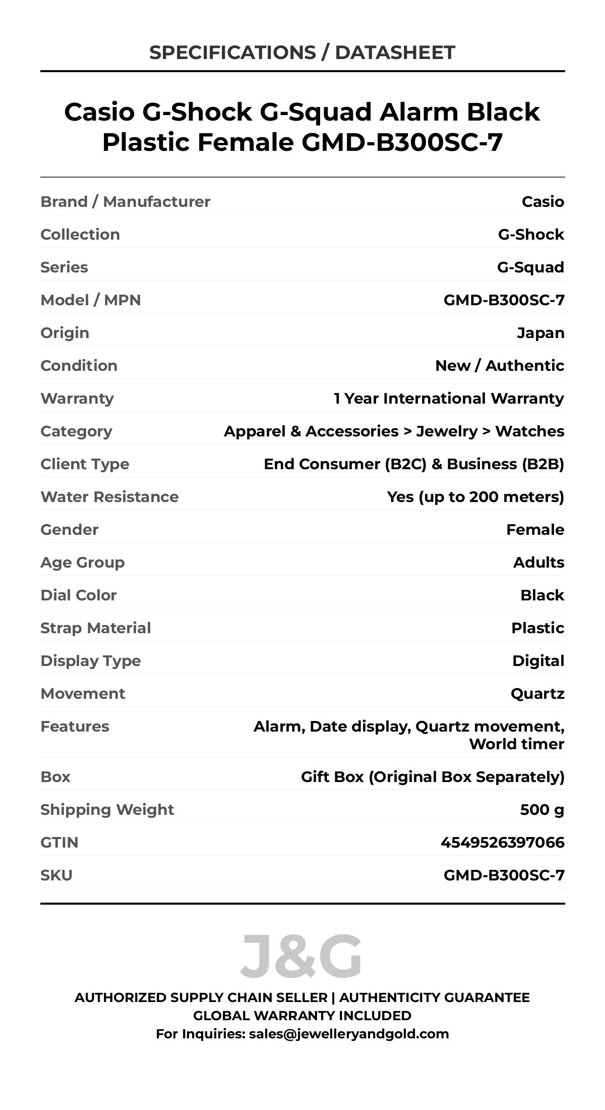 Casio G-Shock G-Squad Alarm Black Plastic Female GMD-B300SC-7 - Specifications