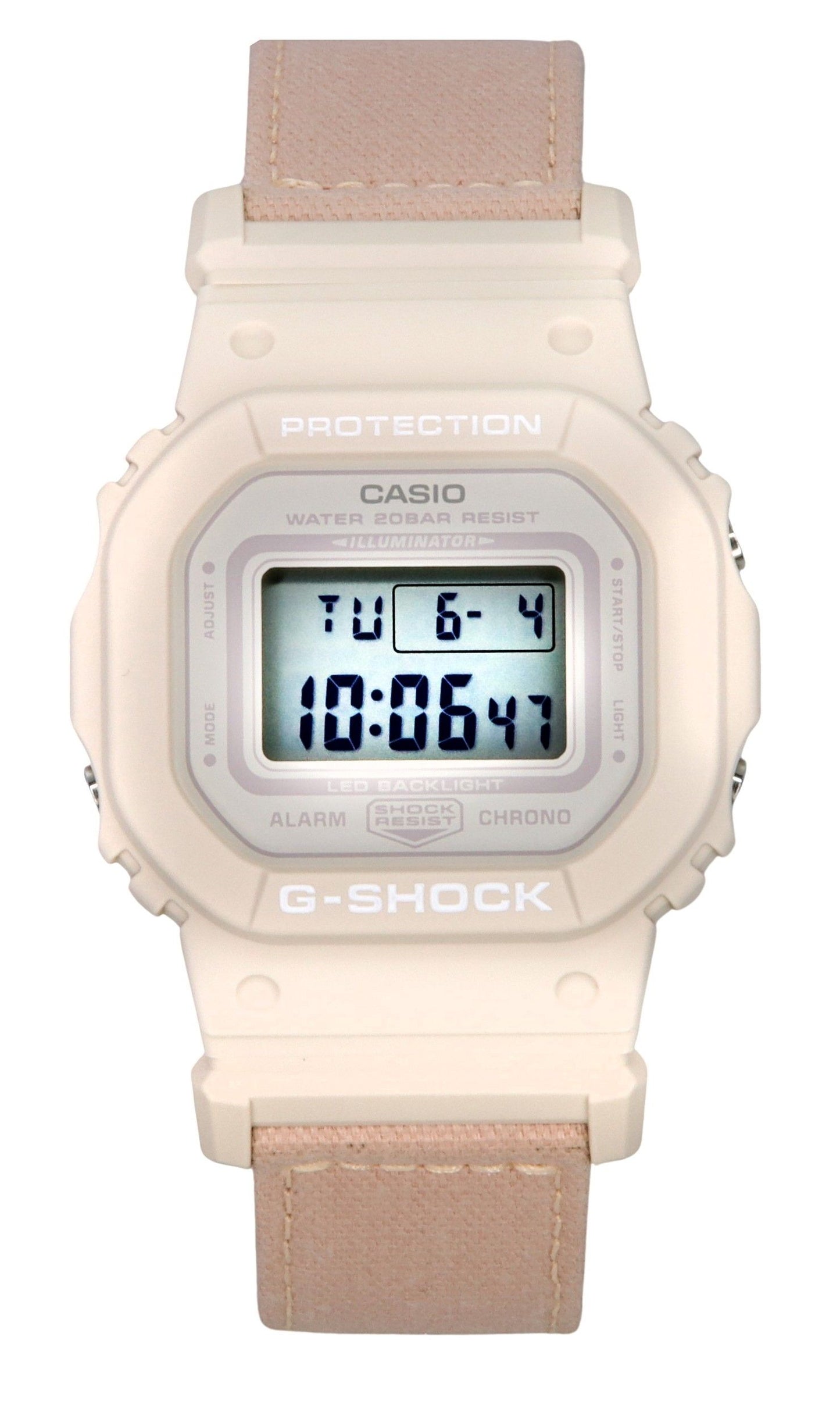 Casio G-Shock Quartz movement White Plastic Female GMD-S5600CT-4. A brand-new Casio G-Shock watch featuring a White dial and a Plastic strap. Angled view.
