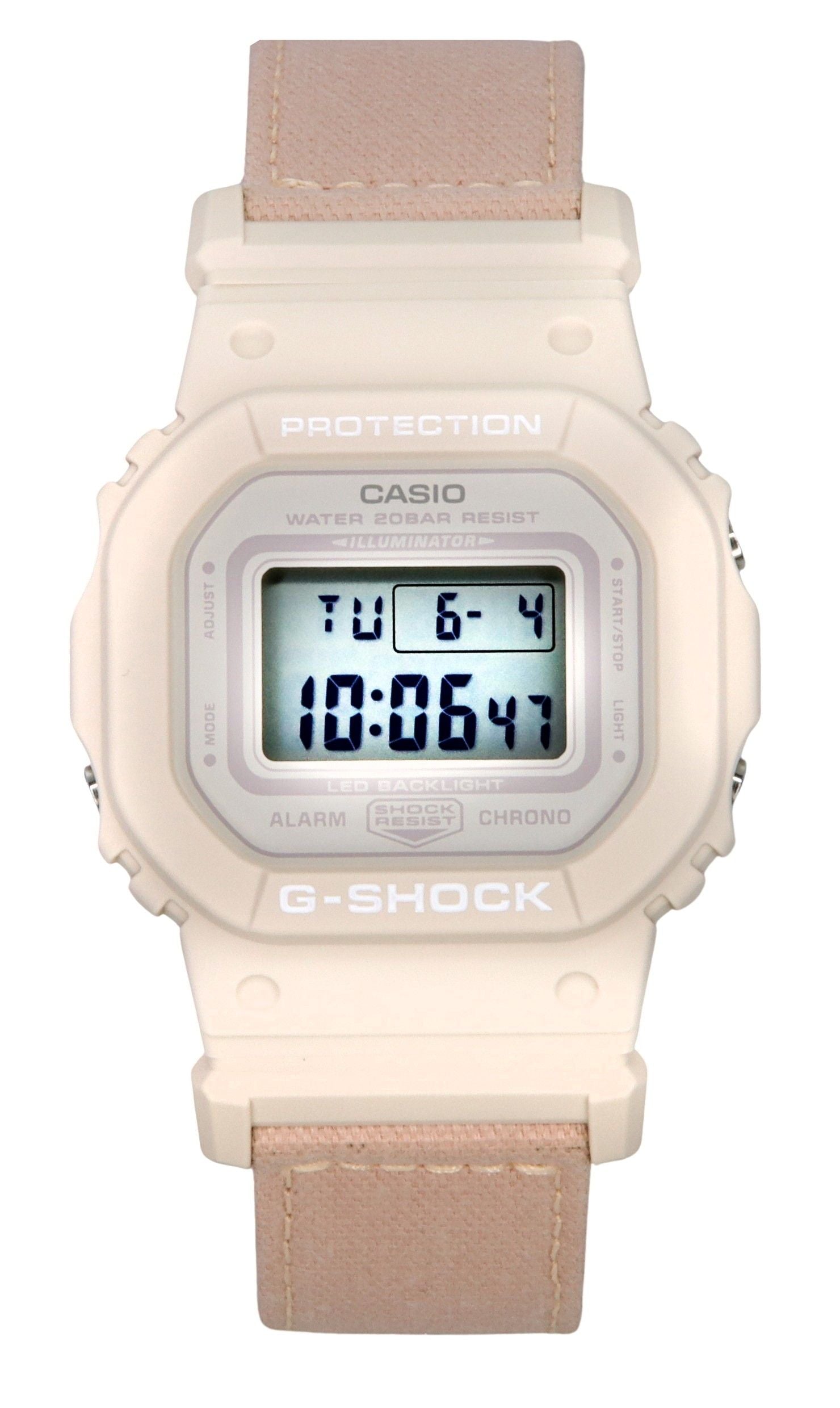 Casio G-Shock Quartz movement White Plastic Female GMD-S5600CT-4. A brand-new Casio G-Shock watch featuring a White dial and a Plastic strap. Angled view.