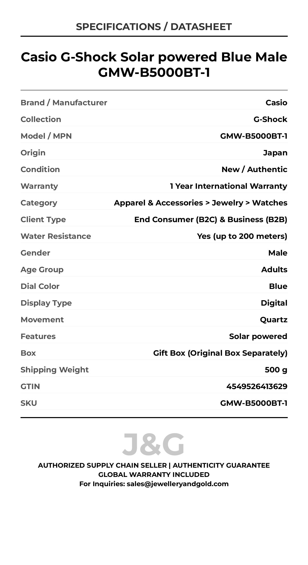 Casio G-Shock Solar powered Blue Male GMW-B5000BT-1 - Specifications