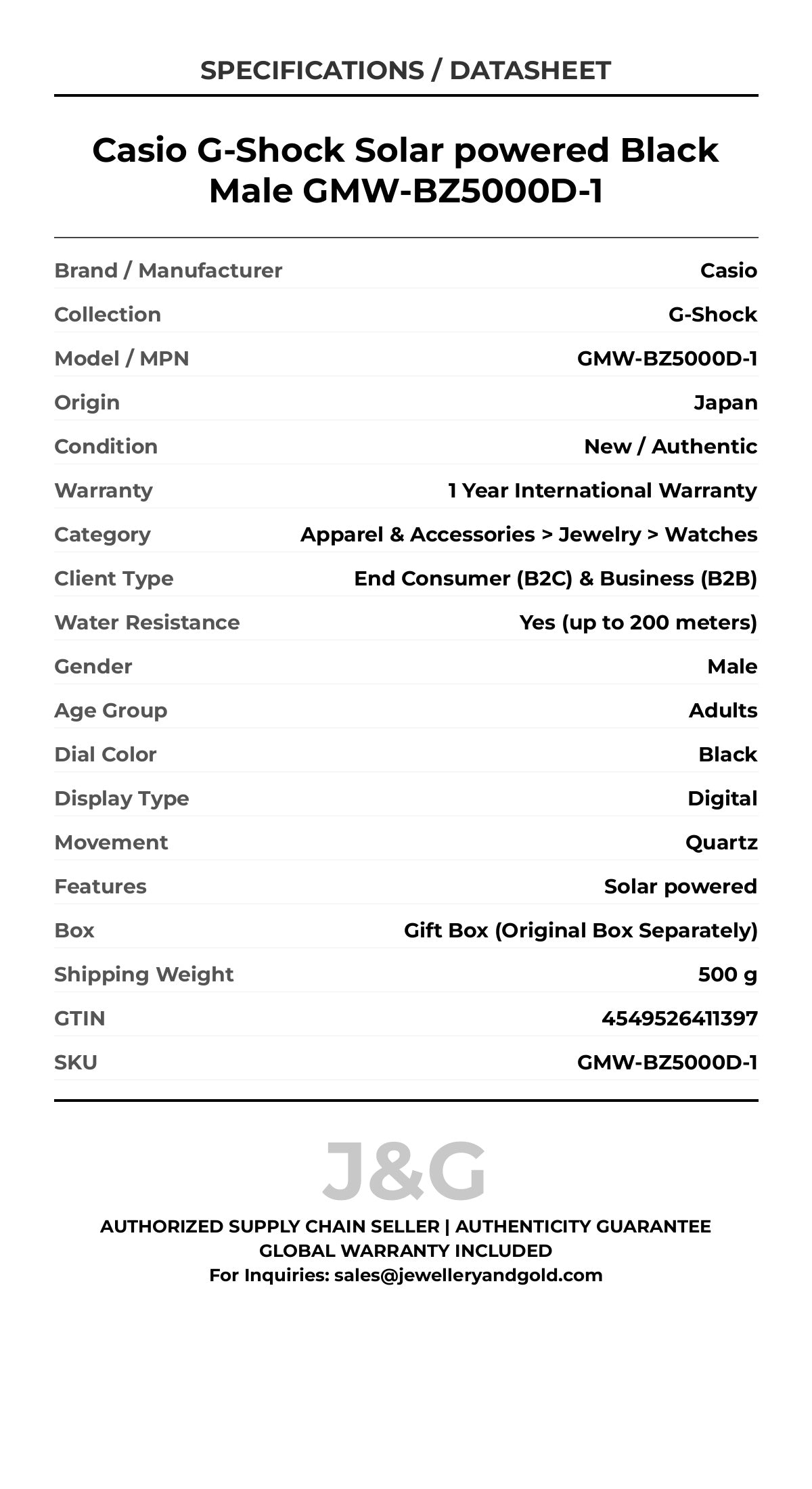 Casio G-Shock Solar powered Black Male GMW-BZ5000D-1 - Specifications