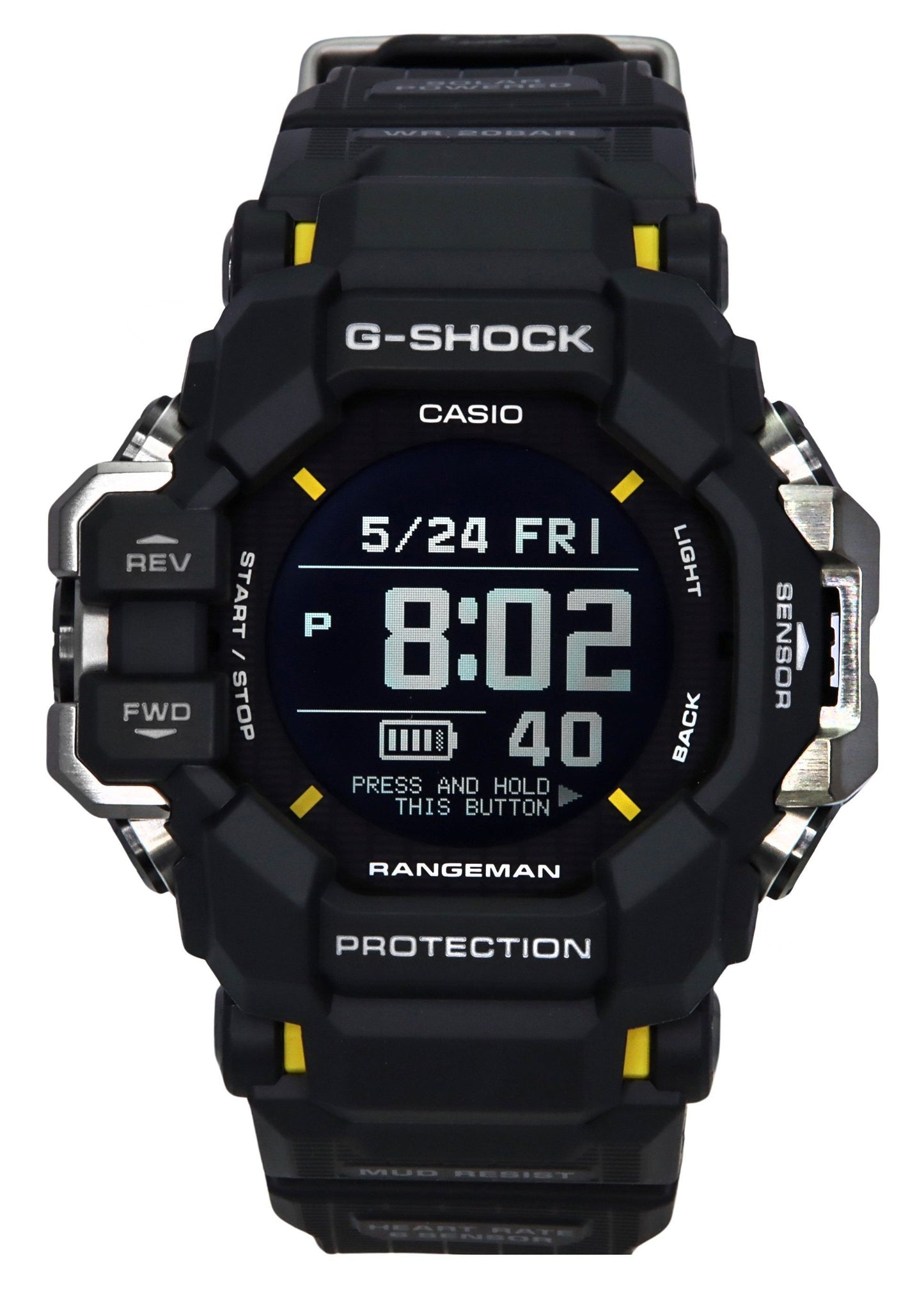 Casio G-Shock Solar powered Black Plastic Male GPR-H1000-1. A brand-new Casio G-Shock watch featuring a Black dial and a Plastic strap. Angled view.