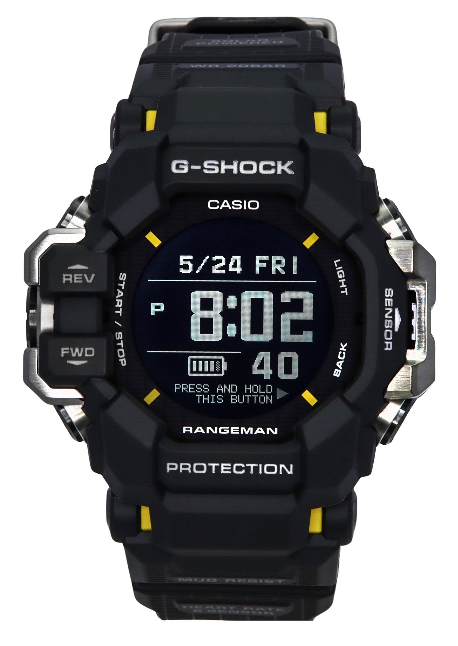 Casio G-Shock Solar powered Black Plastic Male GPR-H1000-1. A brand-new Casio G-Shock watch featuring a Black dial and a Plastic strap. Angled view.