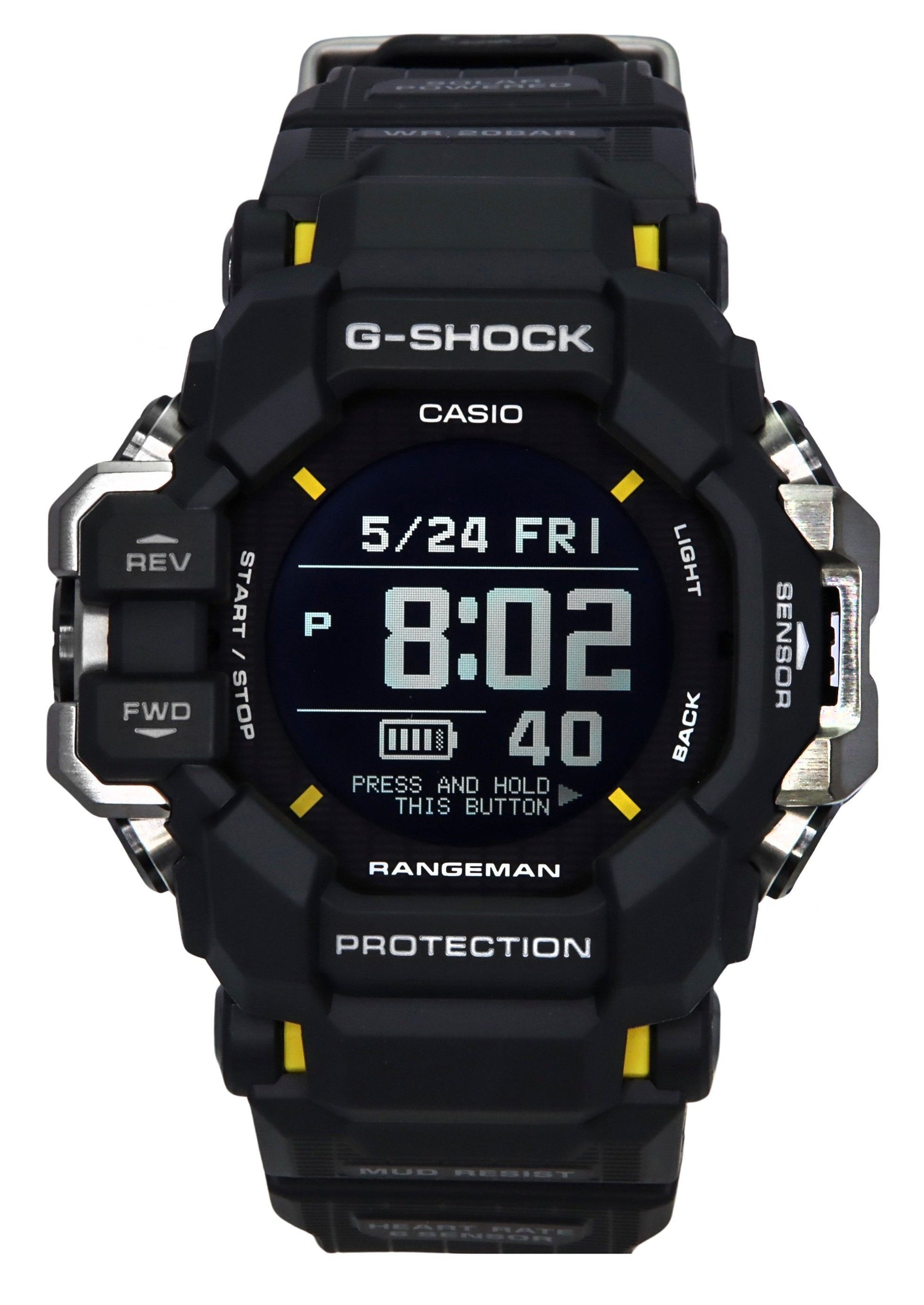 Casio G-Shock Solar powered Black Plastic Male GPR-H1000-1. A brand-new Casio G-Shock watch featuring a Black dial and a Plastic strap. Angled view.