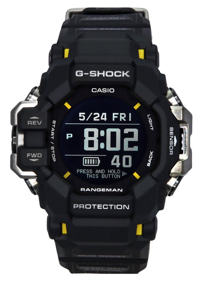 Casio G-Shock Solar powered Black Plastic Male GPR-H1000-1. A brand-new Casio G-Shock watch featuring a Black dial and a Plastic strap. Angled view.