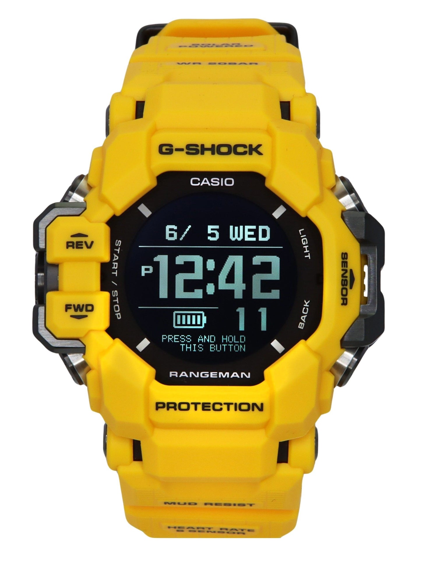 Casio G-Shock Solar powered White Male GPR-H1000-9. A brand-new Casio G-Shock watch featuring a White dial. Side view.