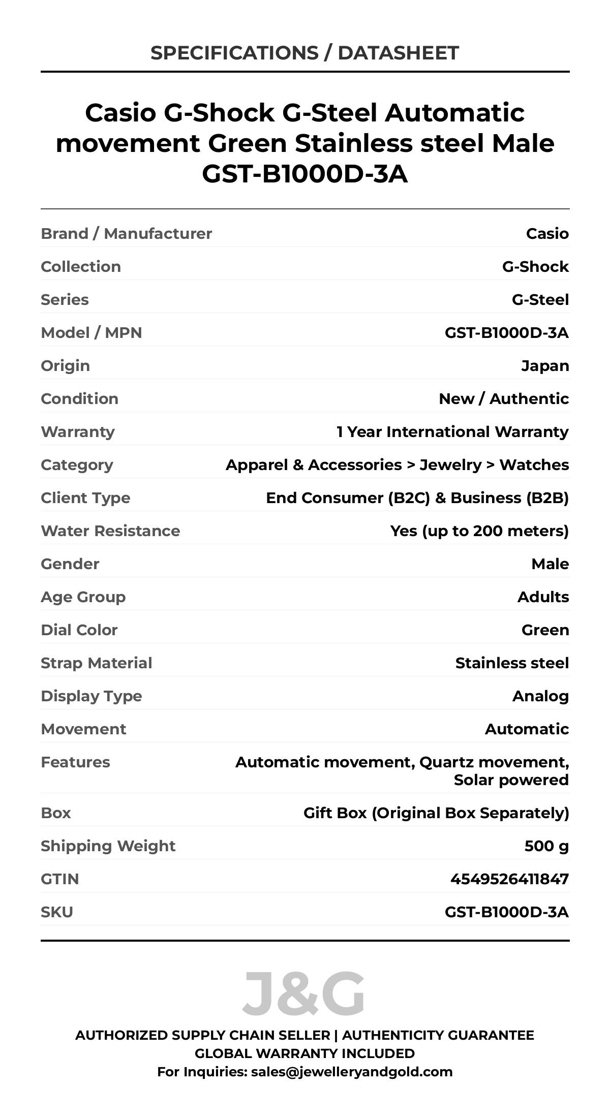 Casio G-Shock G-Steel Automatic movement Green Stainless steel Male GST-B1000D-3A - Specifications