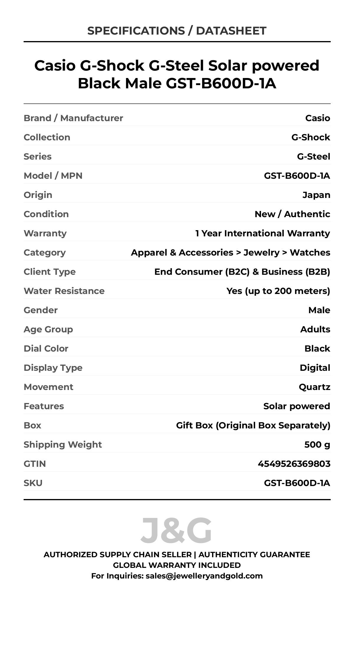 Casio G-Shock G-Steel Solar powered Black Male GST-B600D-1A - Specifications