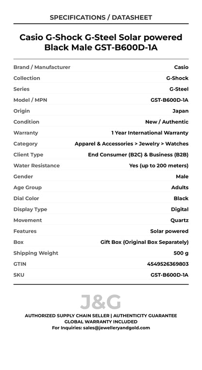 Casio G-Shock G-Steel Solar powered Black Male GST-B600D-1A - Specifications