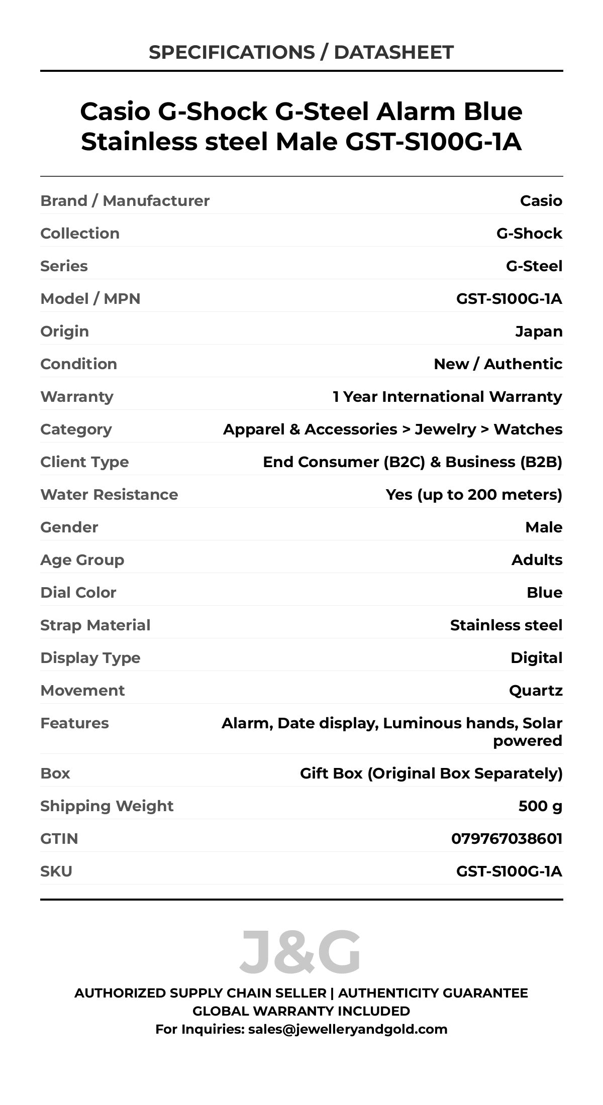 Casio G-Shock G-Steel Alarm Blue Stainless steel Male GST-S100G-1A - Specifications