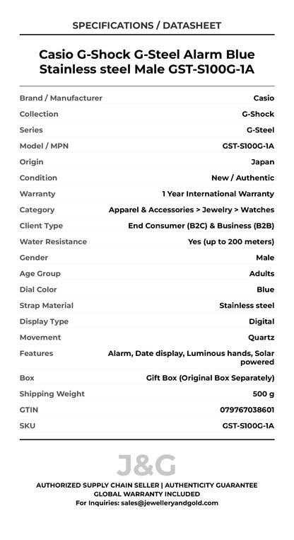 Casio G-Shock G-Steel Alarm Blue Stainless steel Male GST-S100G-1A - Specifications
