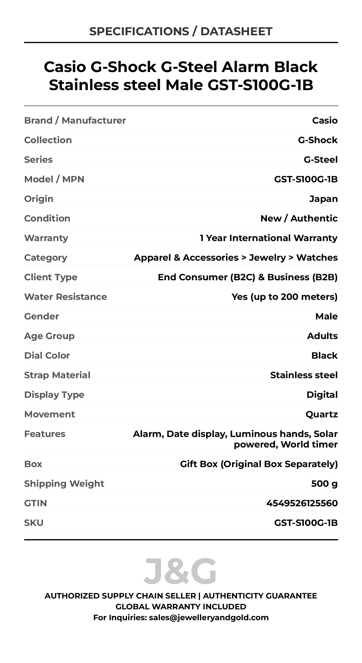 Casio G-Shock G-Steel Alarm Black Stainless steel Male GST-S100G-1B - Specifications