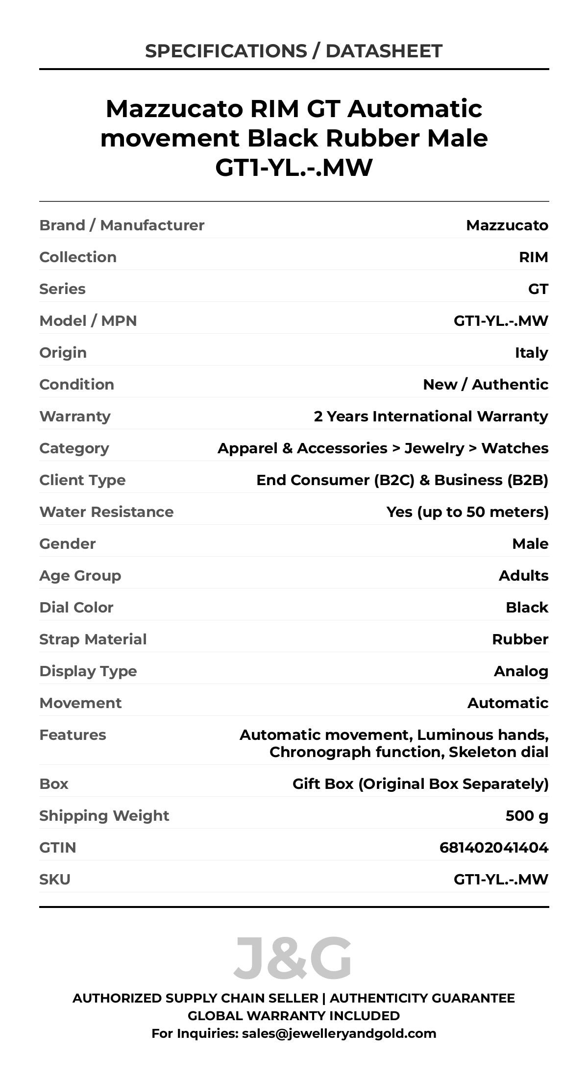 Mazzucato RIM GT Automatic movement Black Rubber Male GT1-YL.-.MW - Specifications