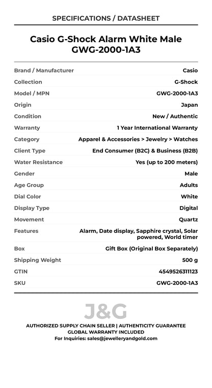 Casio G-Shock Alarm White Male GWG-2000-1A3 - Specifications