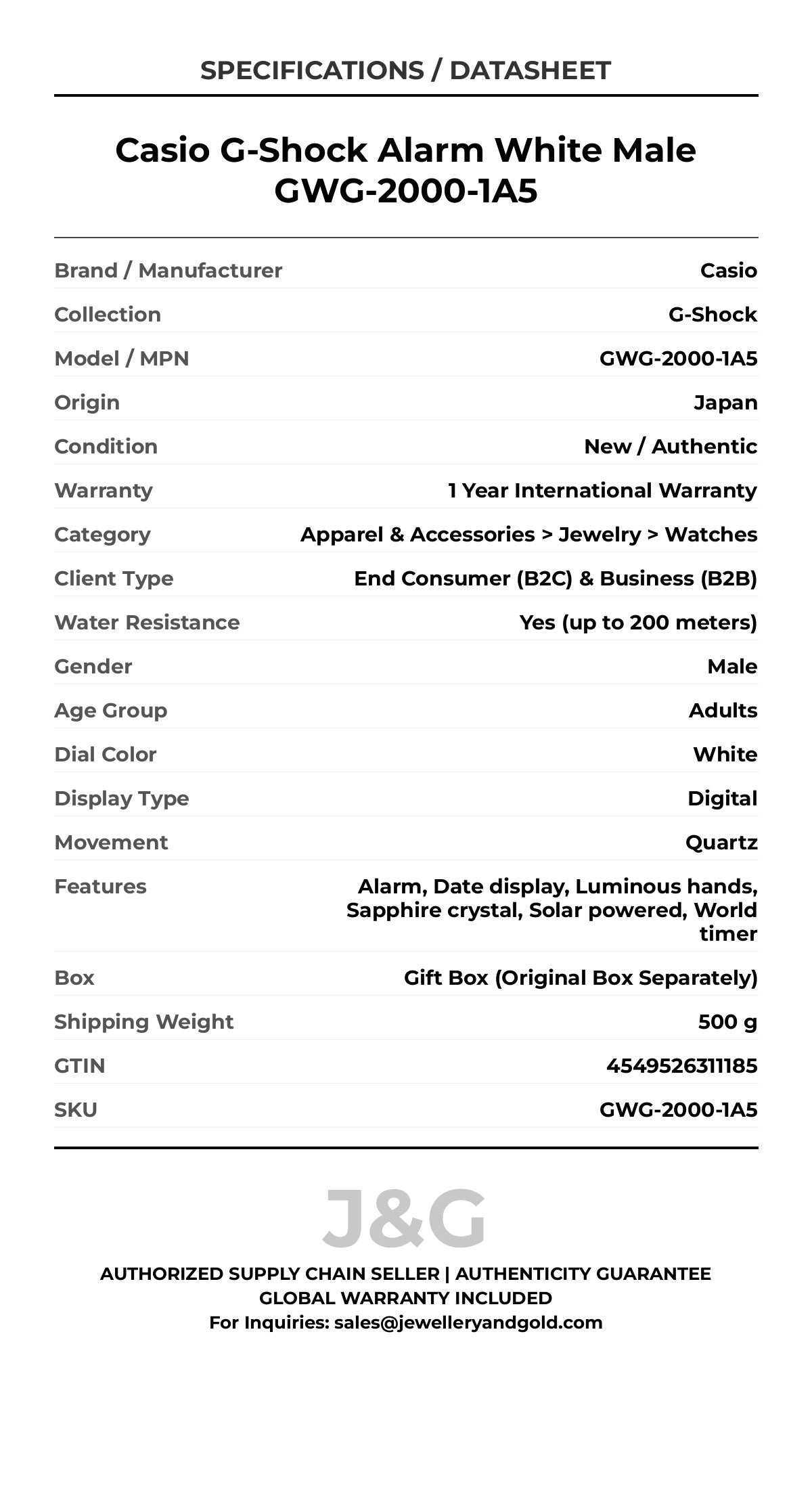 Casio G-Shock Alarm White Male GWG-2000-1A5 - Specifications