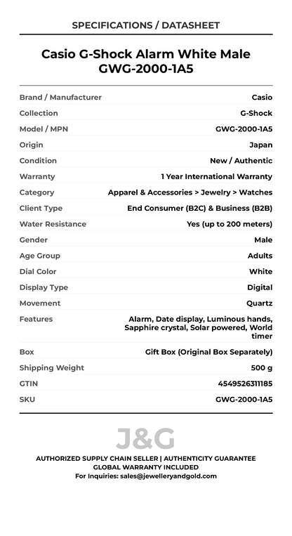 Casio G-Shock Alarm White Male GWG-2000-1A5 - Specifications