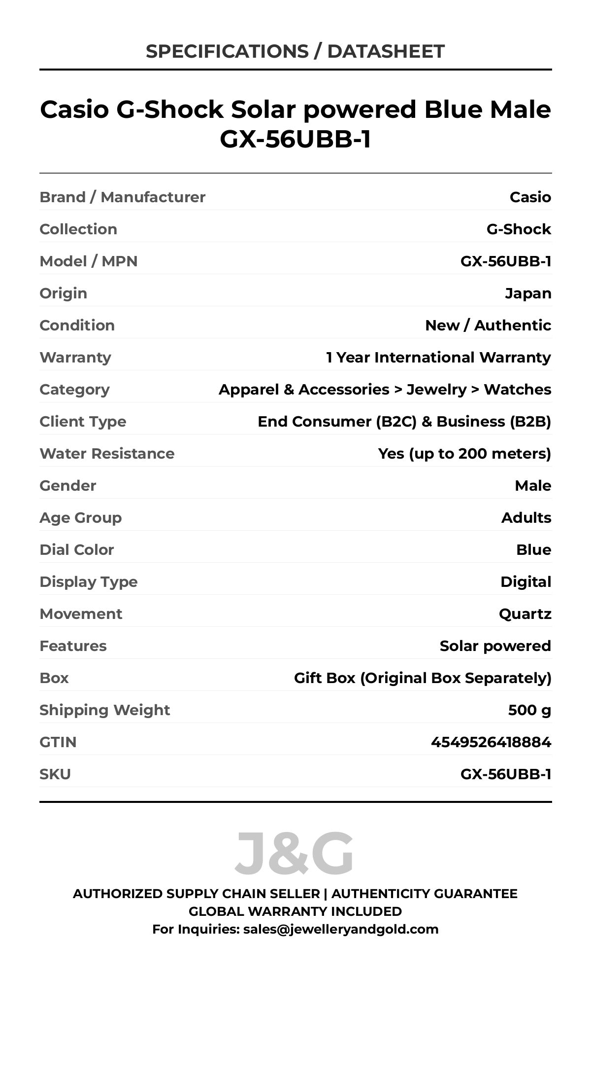 Casio G-Shock Solar powered Blue Male GX-56UBB-1 - Specifications