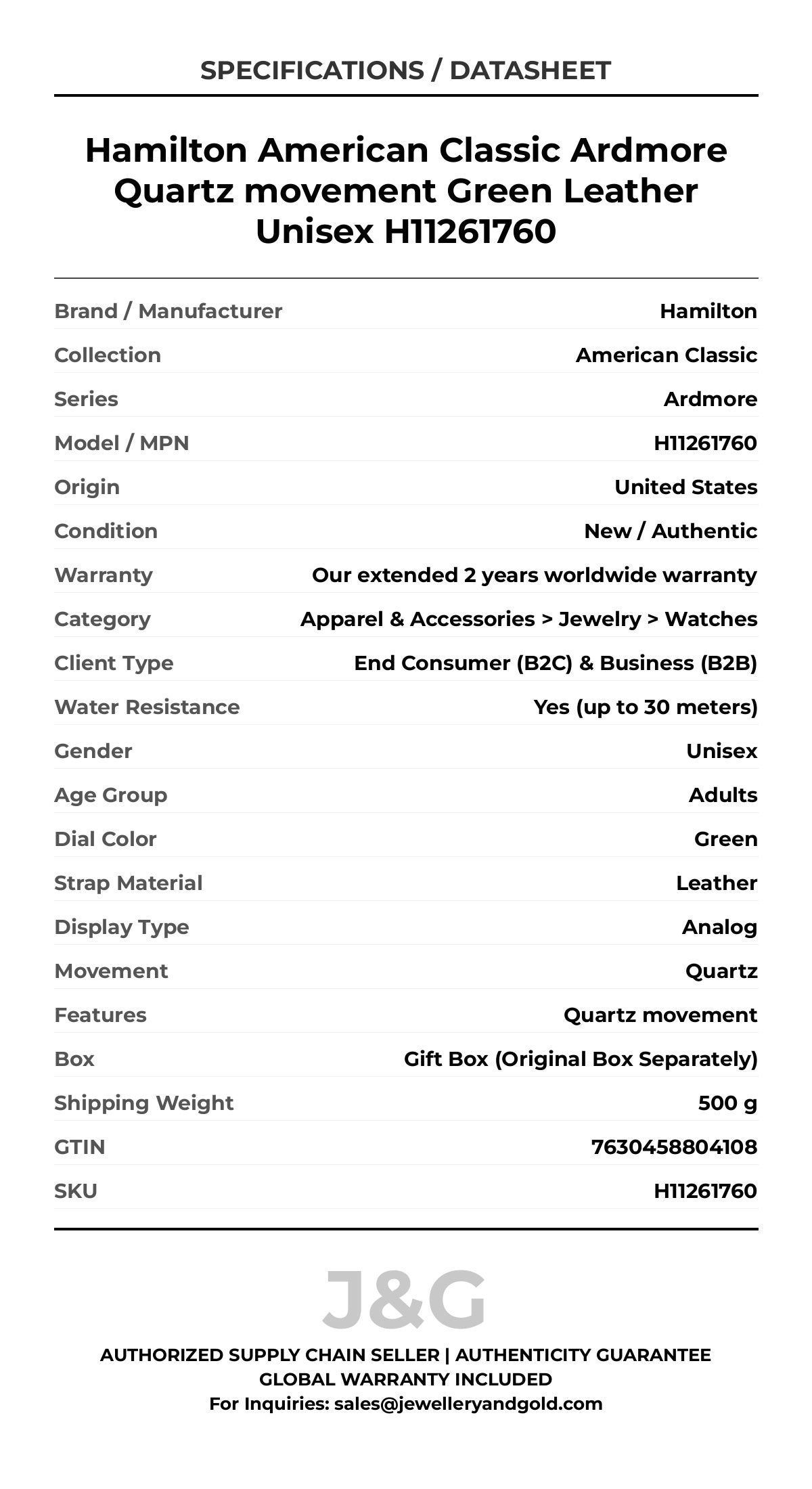 Hamilton American Classic Ardmore Quartz movement Green Leather Unisex H11261760 - Specifications