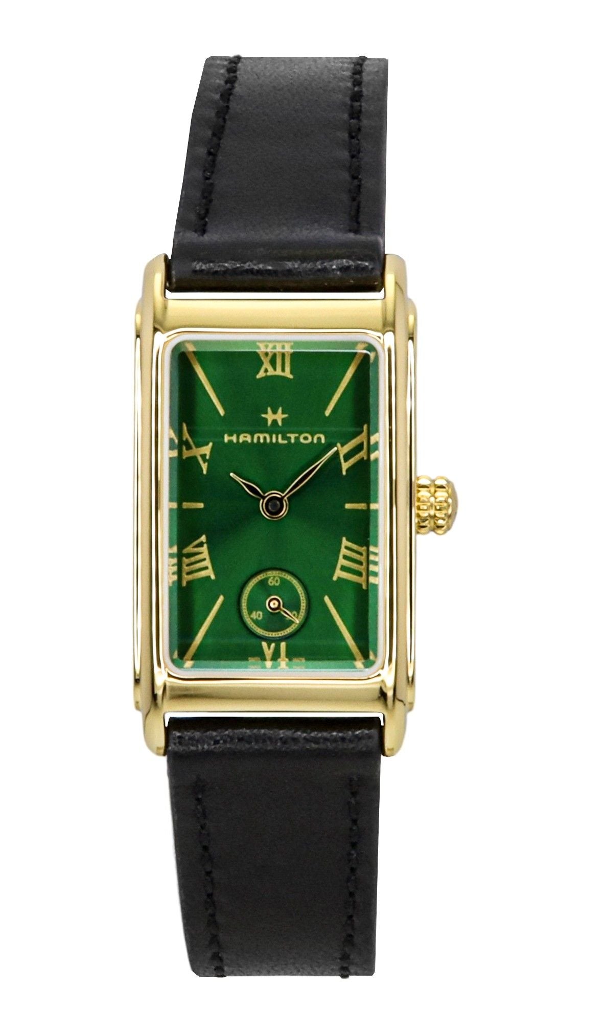 Hamilton American Classic Ardmore Quartz movement Green Leather Unisex H11261760. A brand-new Hamilton American Classic watch featuring a Green dial and a Leather strap. Angled view.
