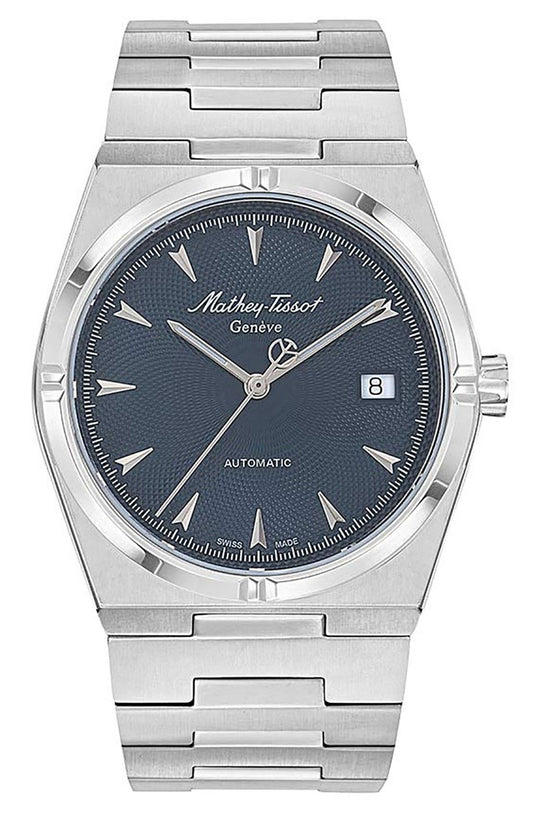 Mathey-Tissot Date display Blue Stainless steel Male H118ATABU.-.MT. A brand-new Mathey-Tissot watch featuring a Blue dial and a Stainless steel strap. Angled view.
