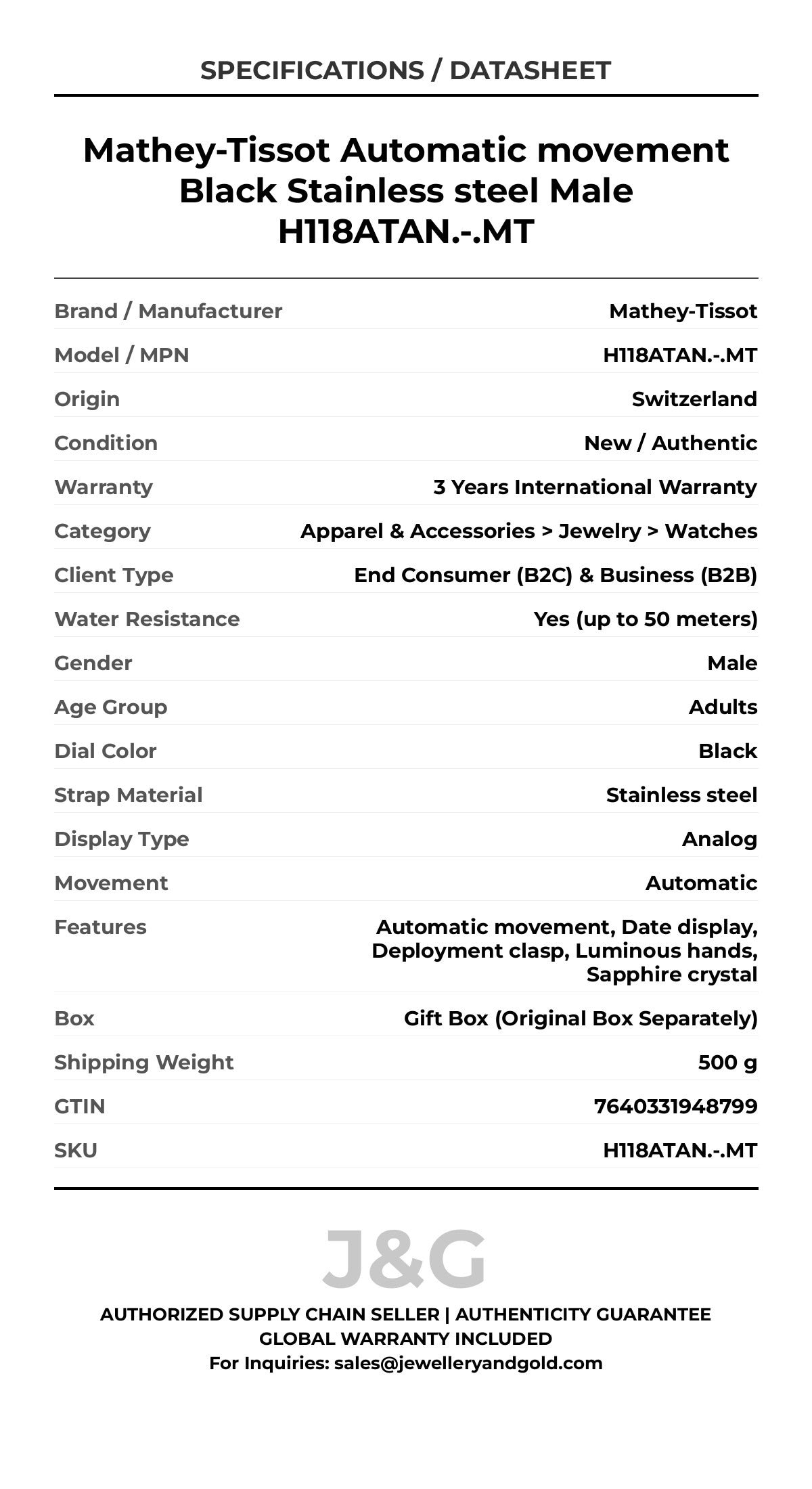 Mathey-Tissot Automatic movement Black Stainless steel Male H118ATAN.-.MT - Specifications