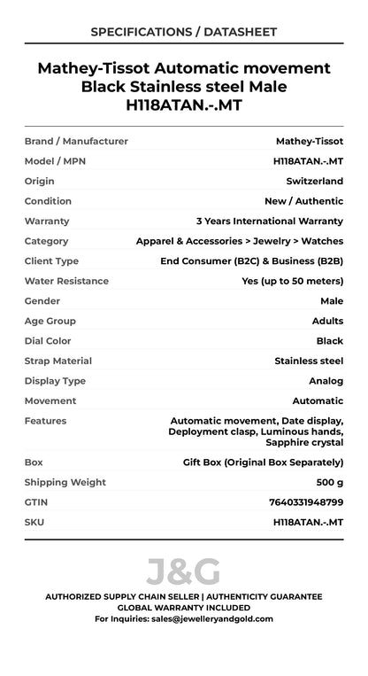 Mathey-Tissot Automatic movement Black Stainless steel Male H118ATAN.-.MT - Specifications