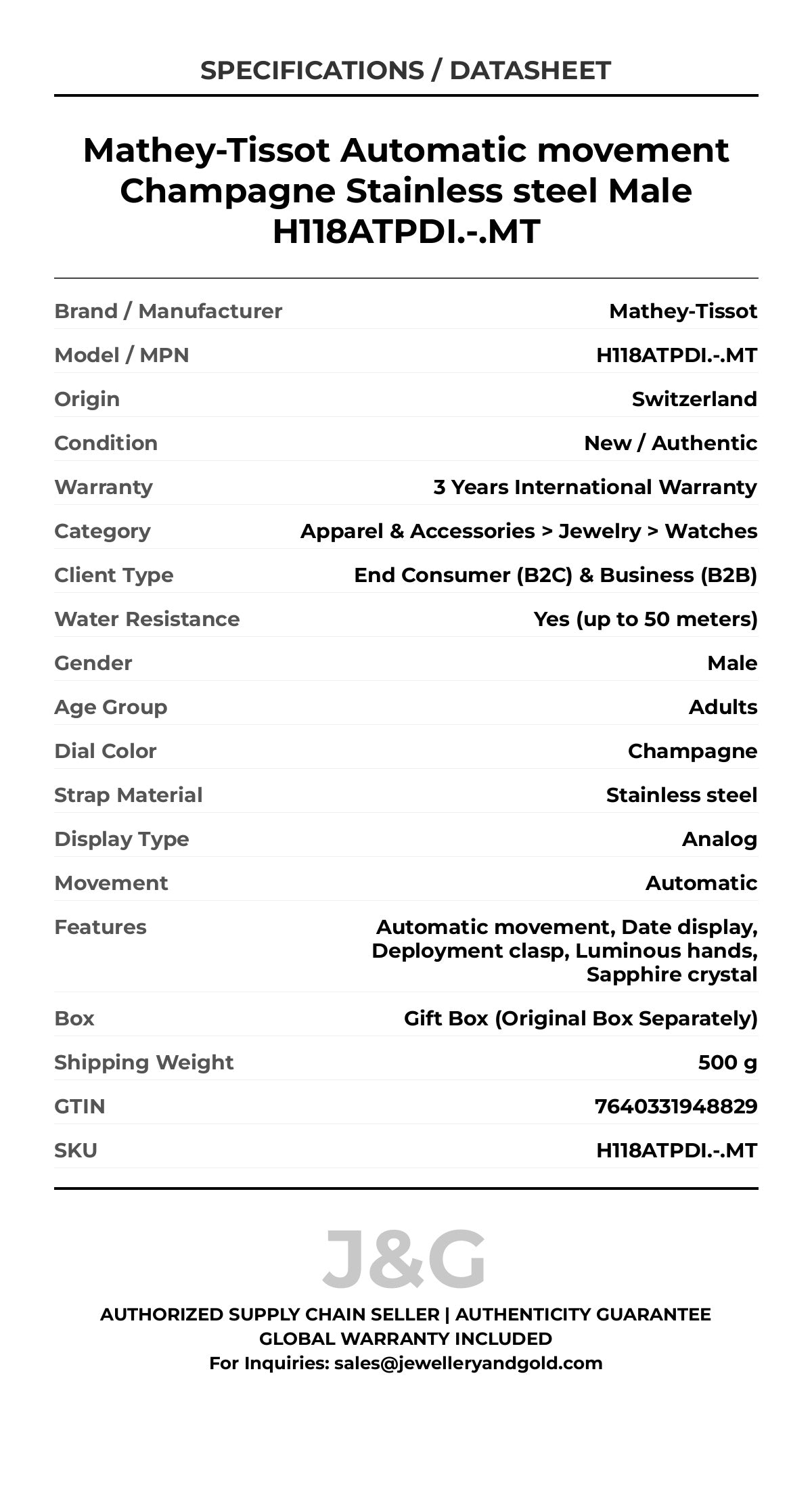 Mathey-Tissot Automatic movement Champagne Stainless steel Male H118ATPDI.-.MT - Specifications