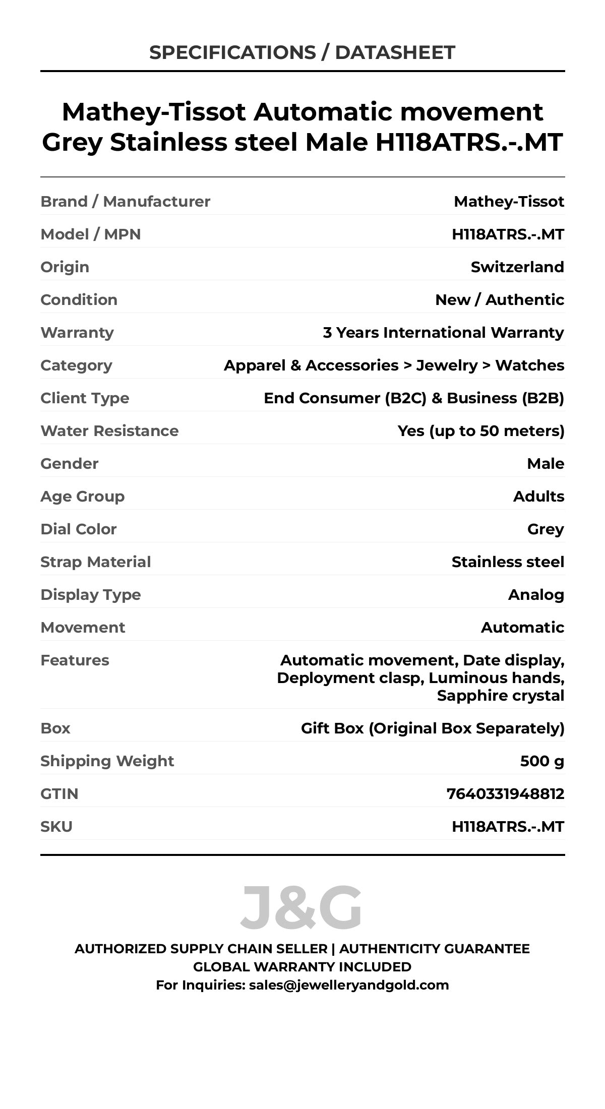 Mathey-Tissot Automatic movement Grey Stainless steel Male H118ATRS.-.MT - Specifications