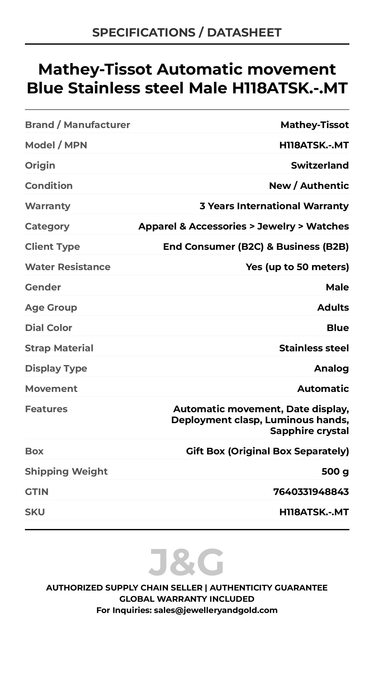 Mathey-Tissot Automatic movement Blue Stainless steel Male H118ATSK.-.MT - Specifications