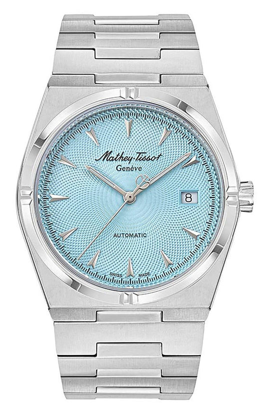 Mathey-Tissot Automatic movement Blue Stainless steel Male H118ATSK.-.MT. A brand-new Mathey-Tissot watch featuring a Blue dial and a Stainless steel strap. Side view.
