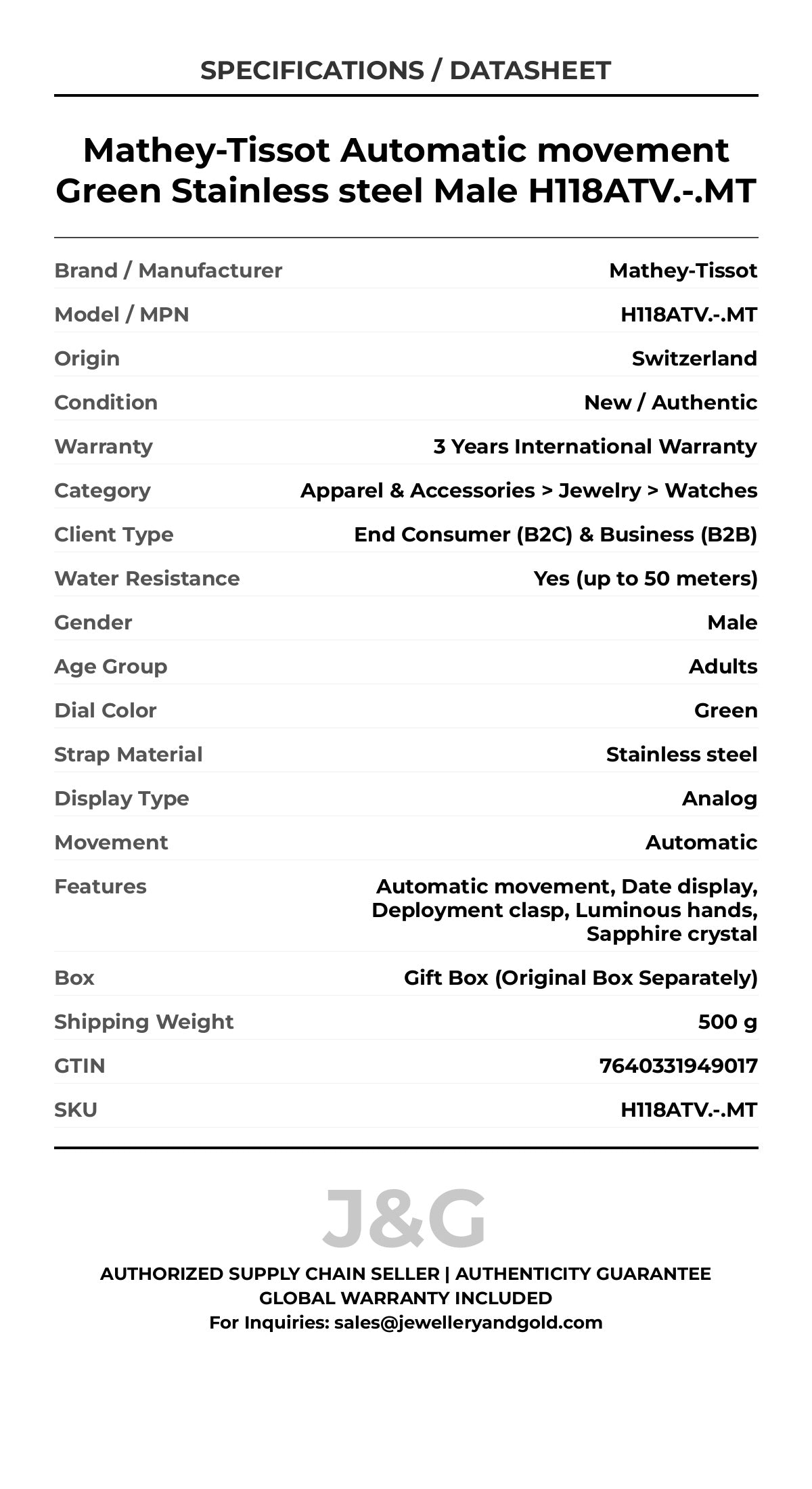 Mathey-Tissot Automatic movement Green Stainless steel Male H118ATV.-.MT - Specifications