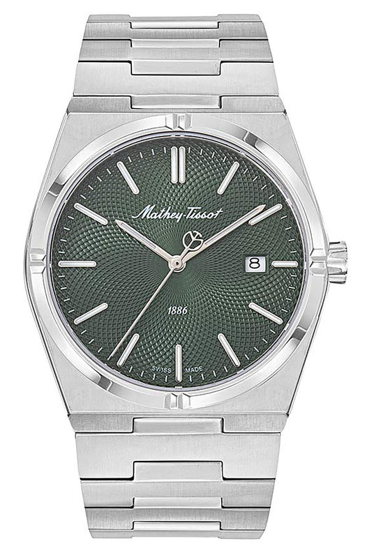 Mathey-Tissot Date display Green Stainless steel Male H118AV.-.MT. A brand-new Mathey-Tissot watch featuring a Green dial and a Stainless steel strap. Angled view.