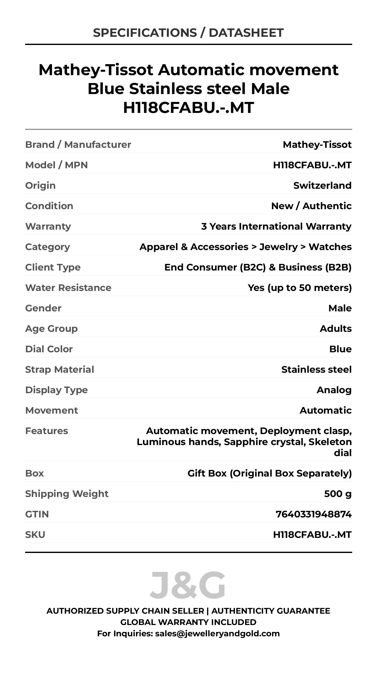 Mathey-Tissot Automatic movement Blue Stainless steel Male H118CFABU.-.MT - Specifications
