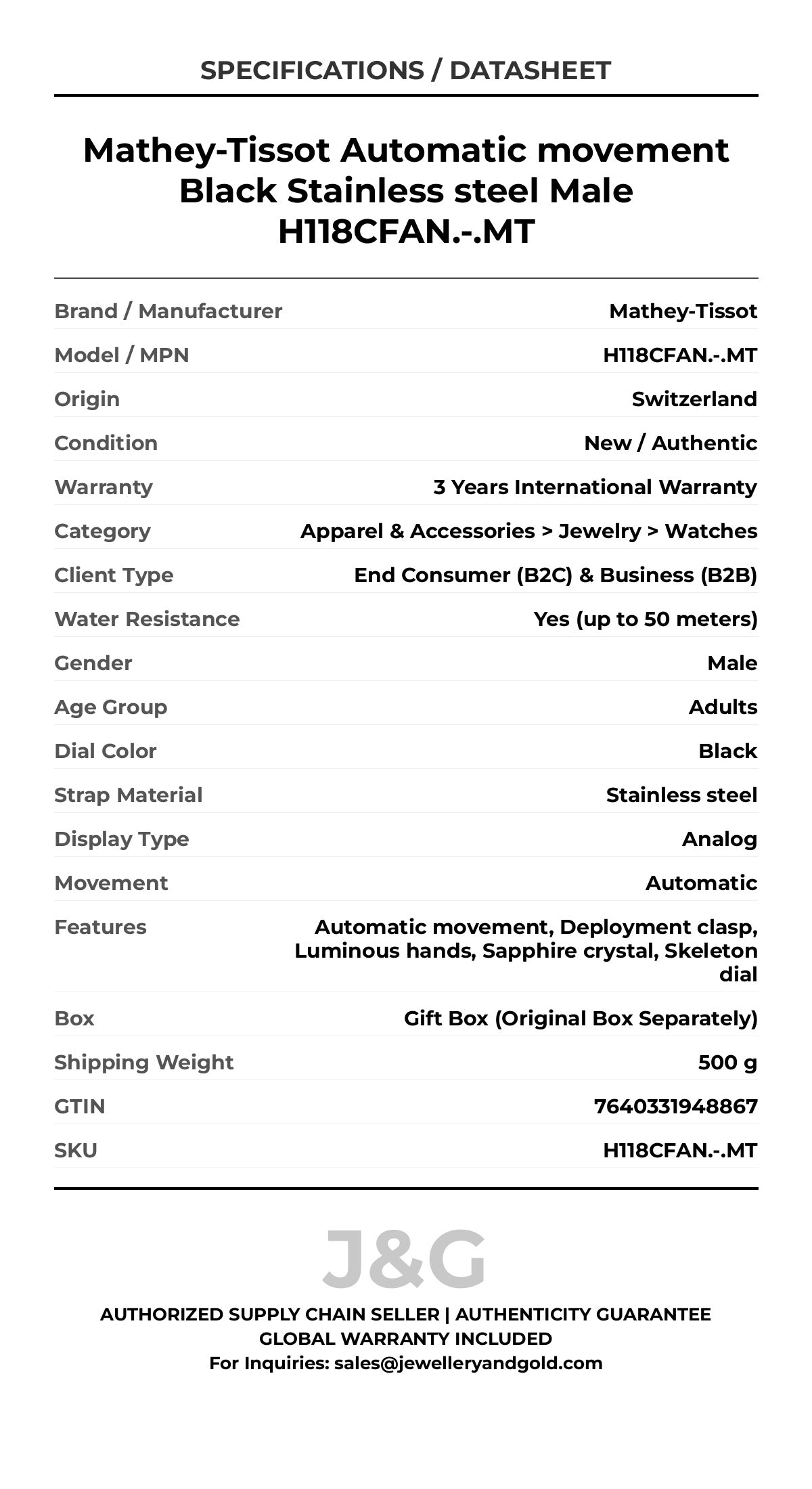 Mathey-Tissot Automatic movement Black Stainless steel Male H118CFAN.-.MT - Specifications