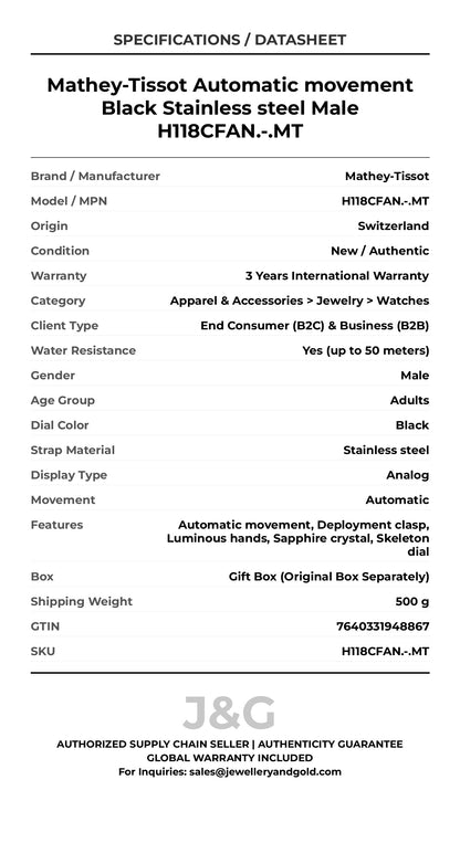 Mathey-Tissot Automatic movement Black Stainless steel Male H118CFAN.-.MT - Specifications