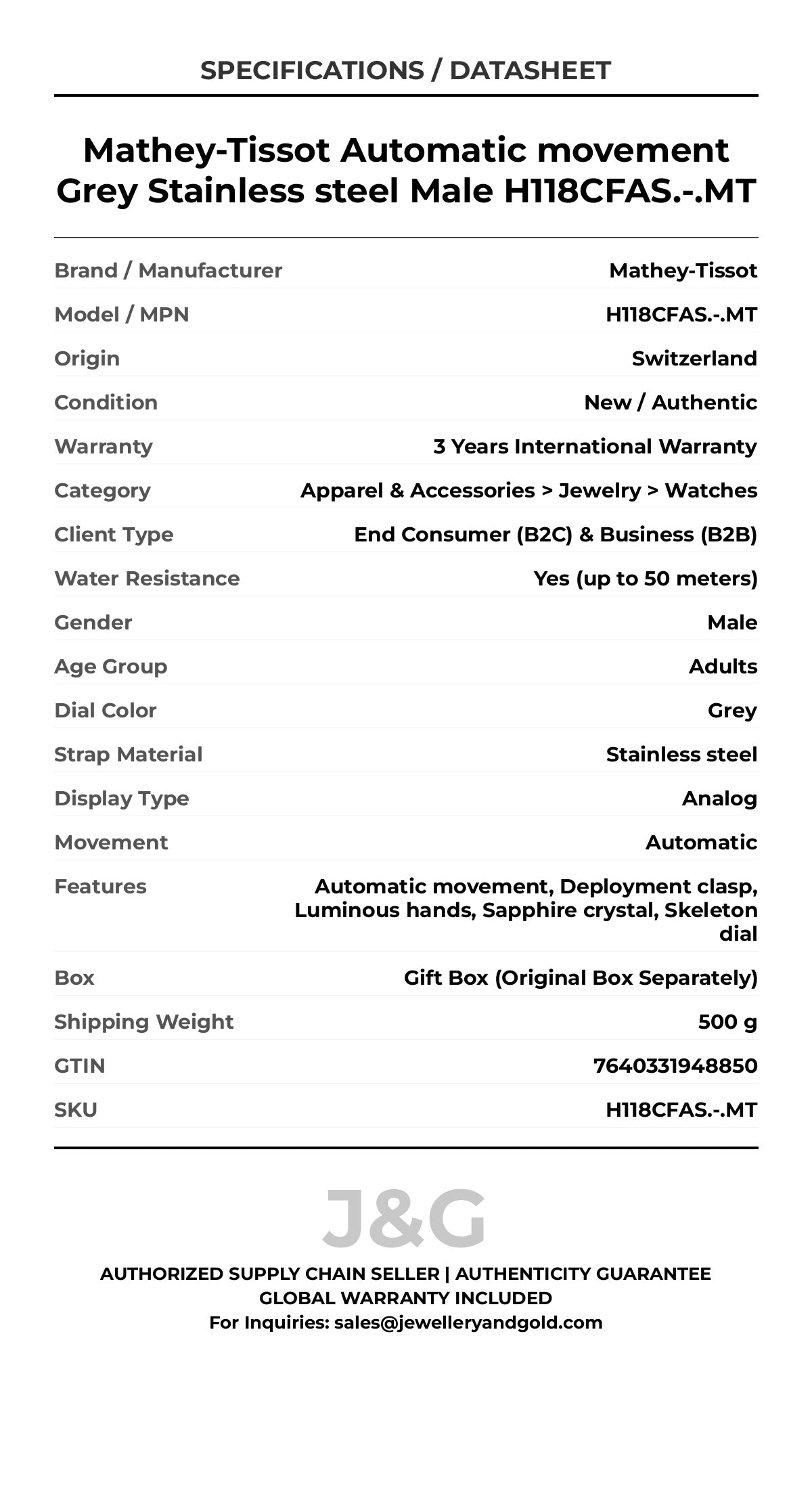 Mathey-Tissot Automatic movement Grey Stainless steel Male H118CFAS.-.MT - Specifications