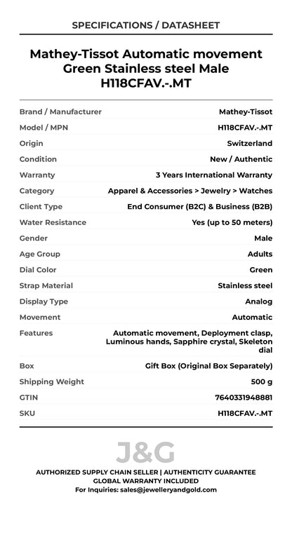 Mathey-Tissot Automatic movement Green Stainless steel Male H118CFAV.-.MT - Specifications