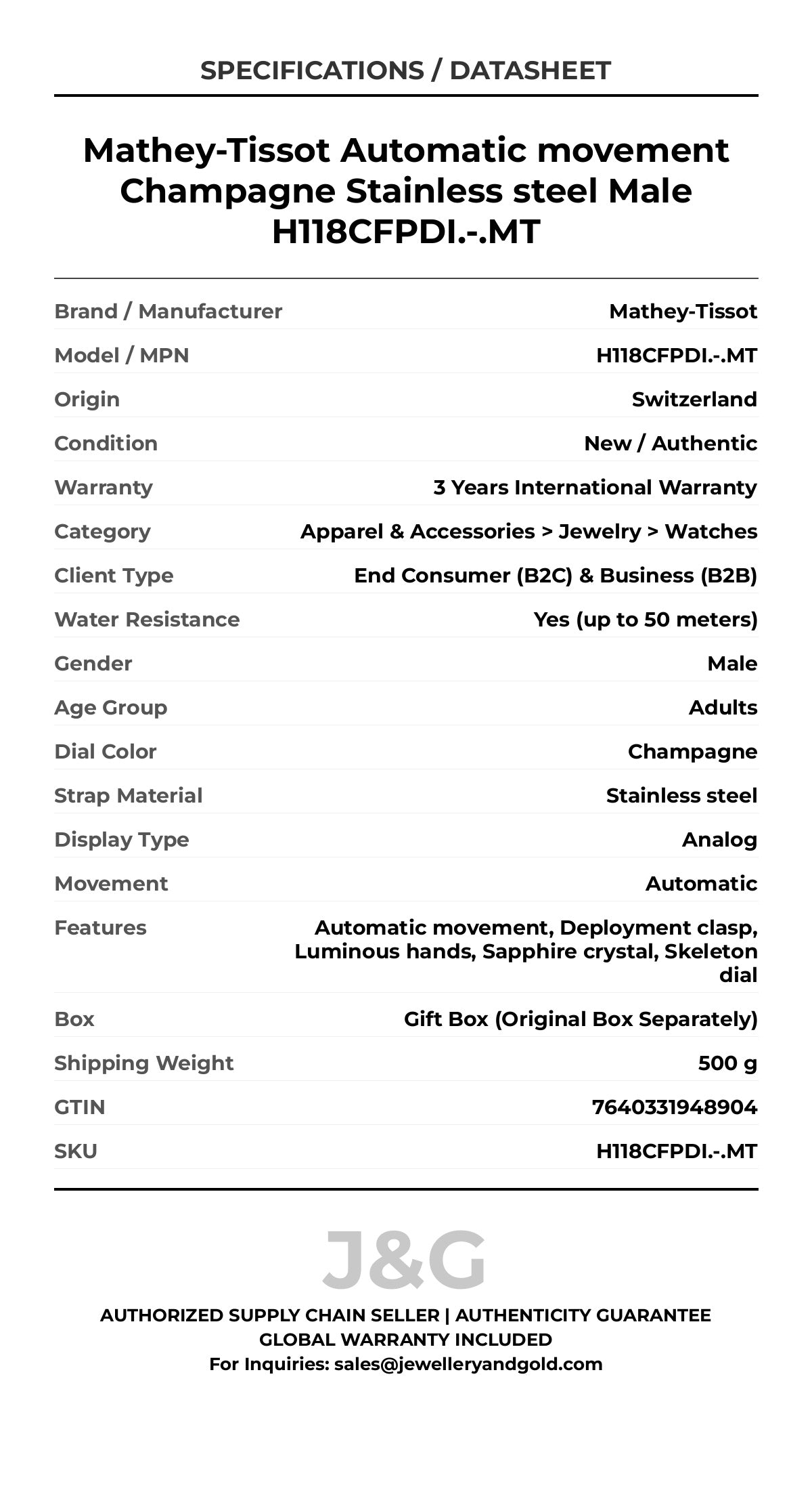 Mathey-Tissot Automatic movement Champagne Stainless steel Male H118CFPDI.-.MT - Specifications